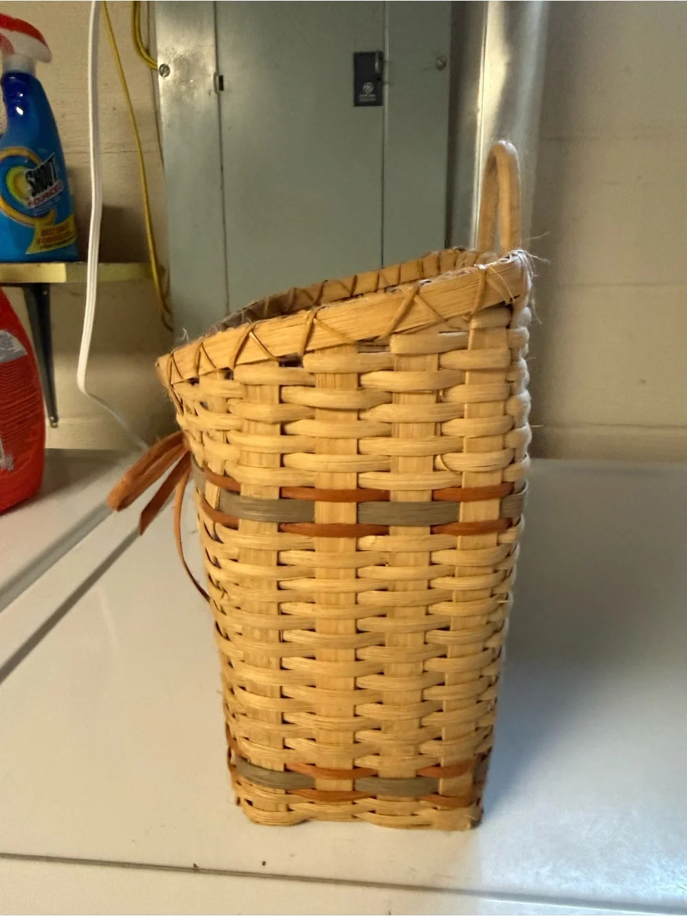 Vtg Hand Woven Basket with Rust Bow & Blue Accents Signed 1989 Rustic Country
